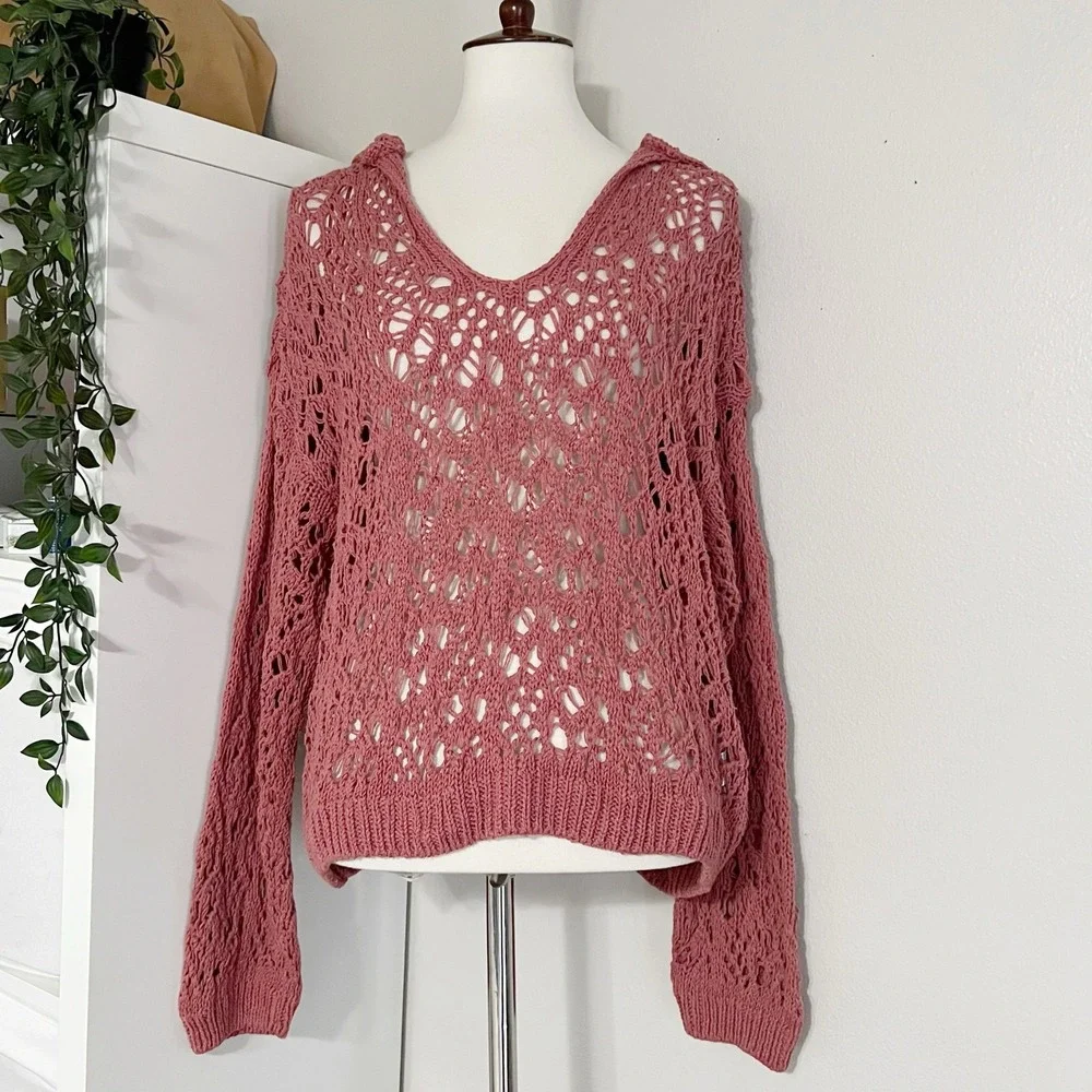 Zara Women's Pink Crochet Open‎ Knit Hooded Sweatshirt Size Small
